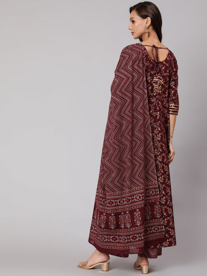 Burgundy Printed Flared Kurta With Trouser And Dupatta