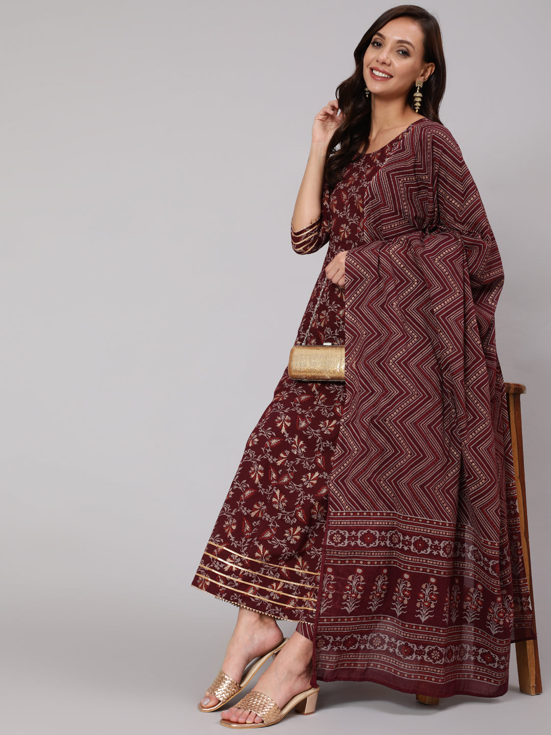 Burgundy Printed Flared Kurta With Trouser And Dupatta