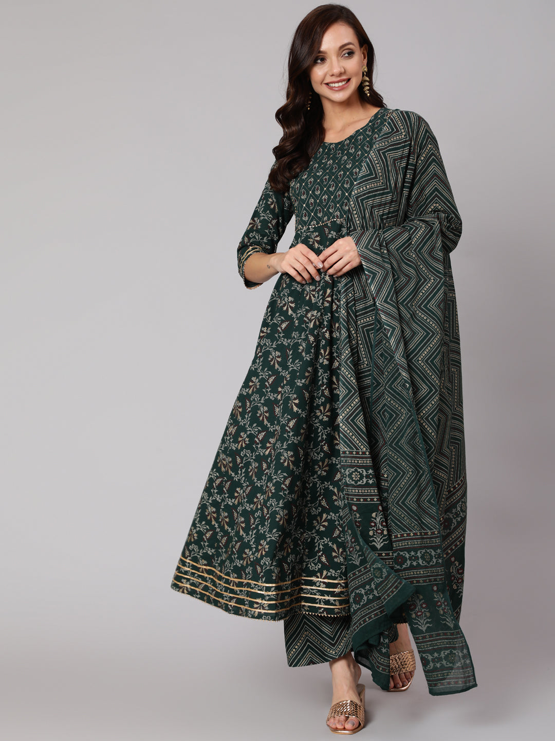 Green Printed Flared Kurta With Trouser And Dupatta