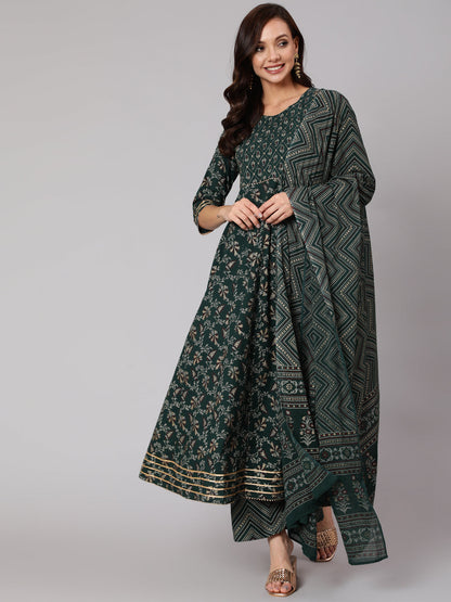 Green Printed Flared Kurta With Trouser And Dupatta