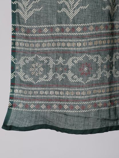 Green Printed Flared Kurta With Trouser And Dupatta