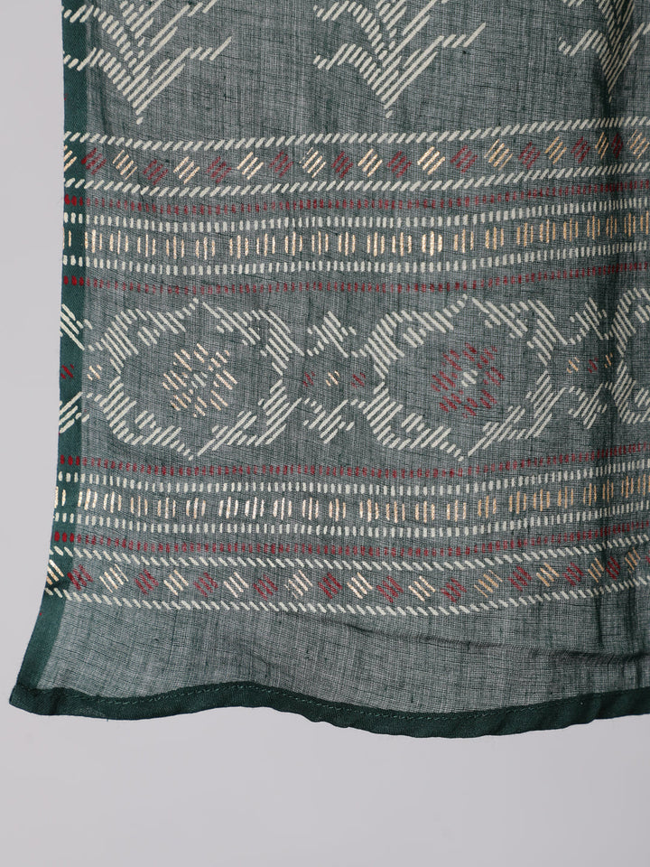 Green Printed Flared Kurta With Trouser And Dupatta