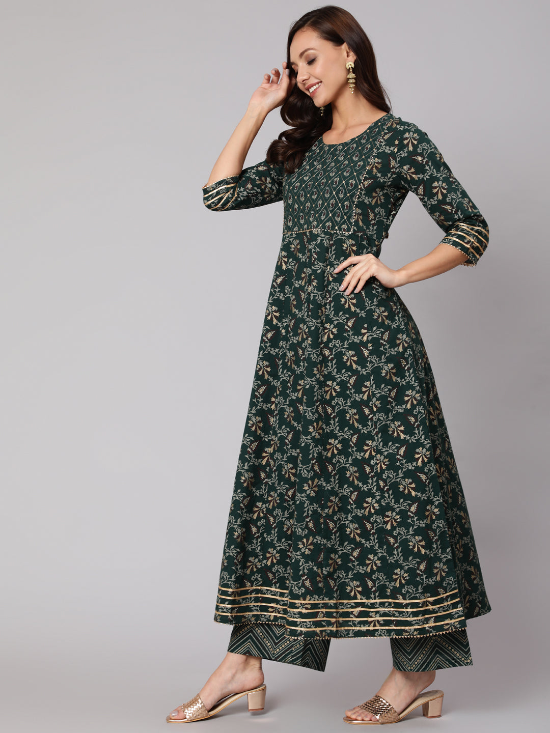 Green Printed Flared Kurta With Trouser And Dupatta