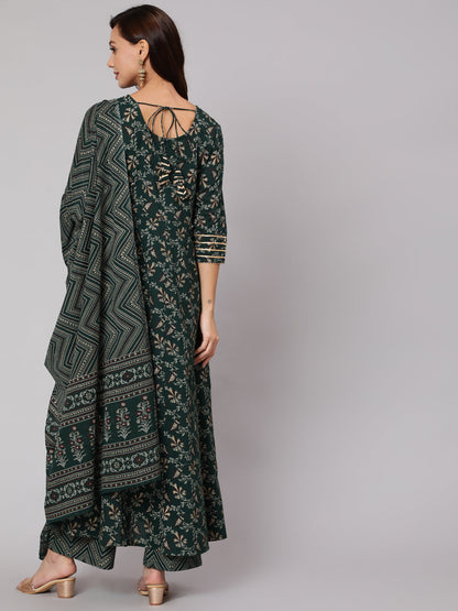 Green Printed Flared Kurta With Trouser And Dupatta