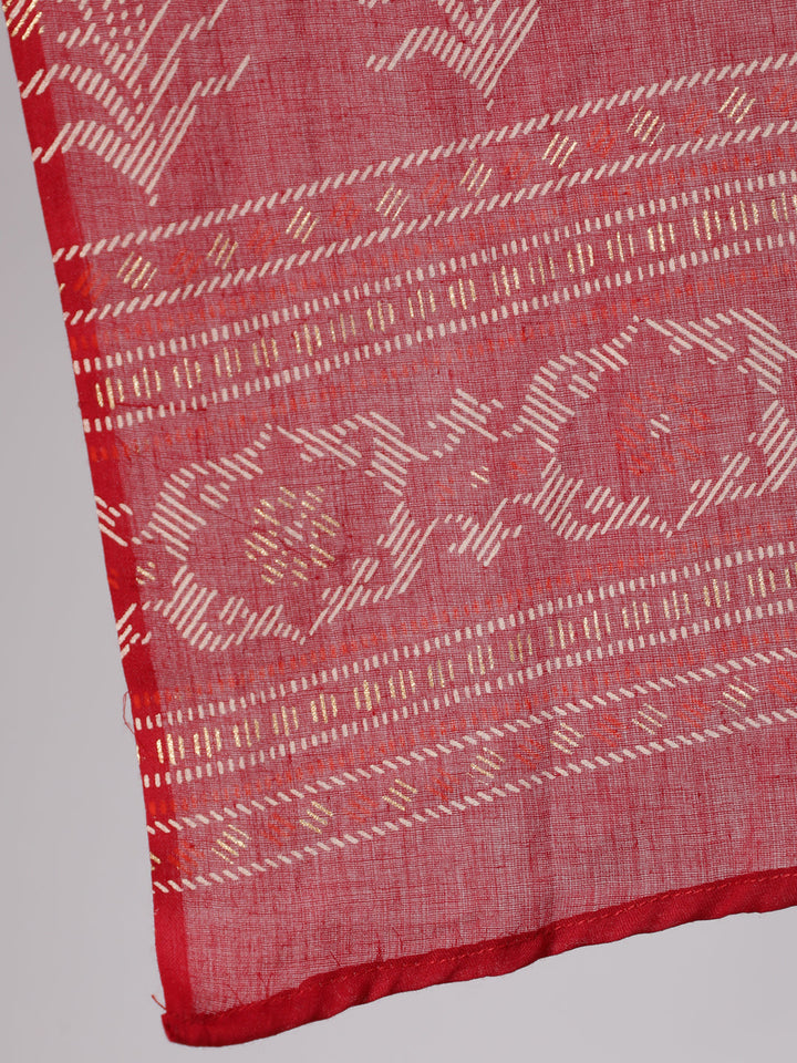 Red Printed Flared Kurta With Trouser And Dupatta