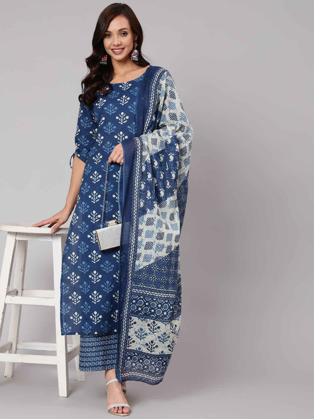 Navy Blue Ethnic Printed Straight Kurta With Palazzo And Dupatta