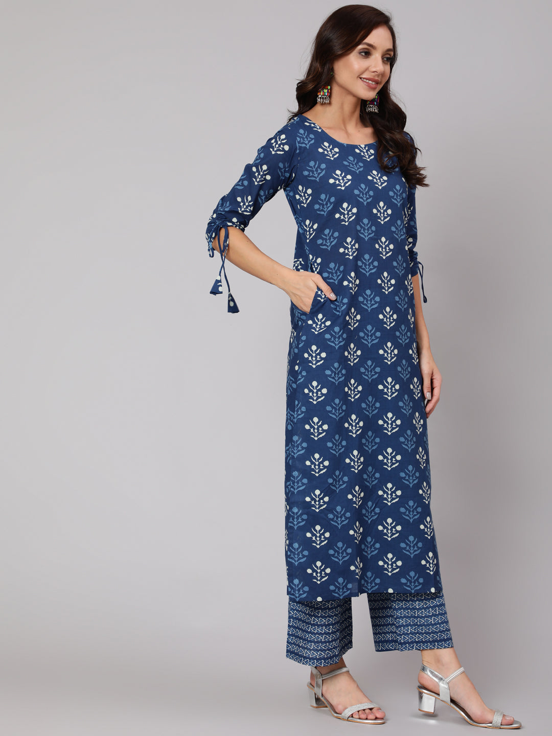 Navy Blue Ethnic Printed Straight Kurta With Palazzo And Dupatta