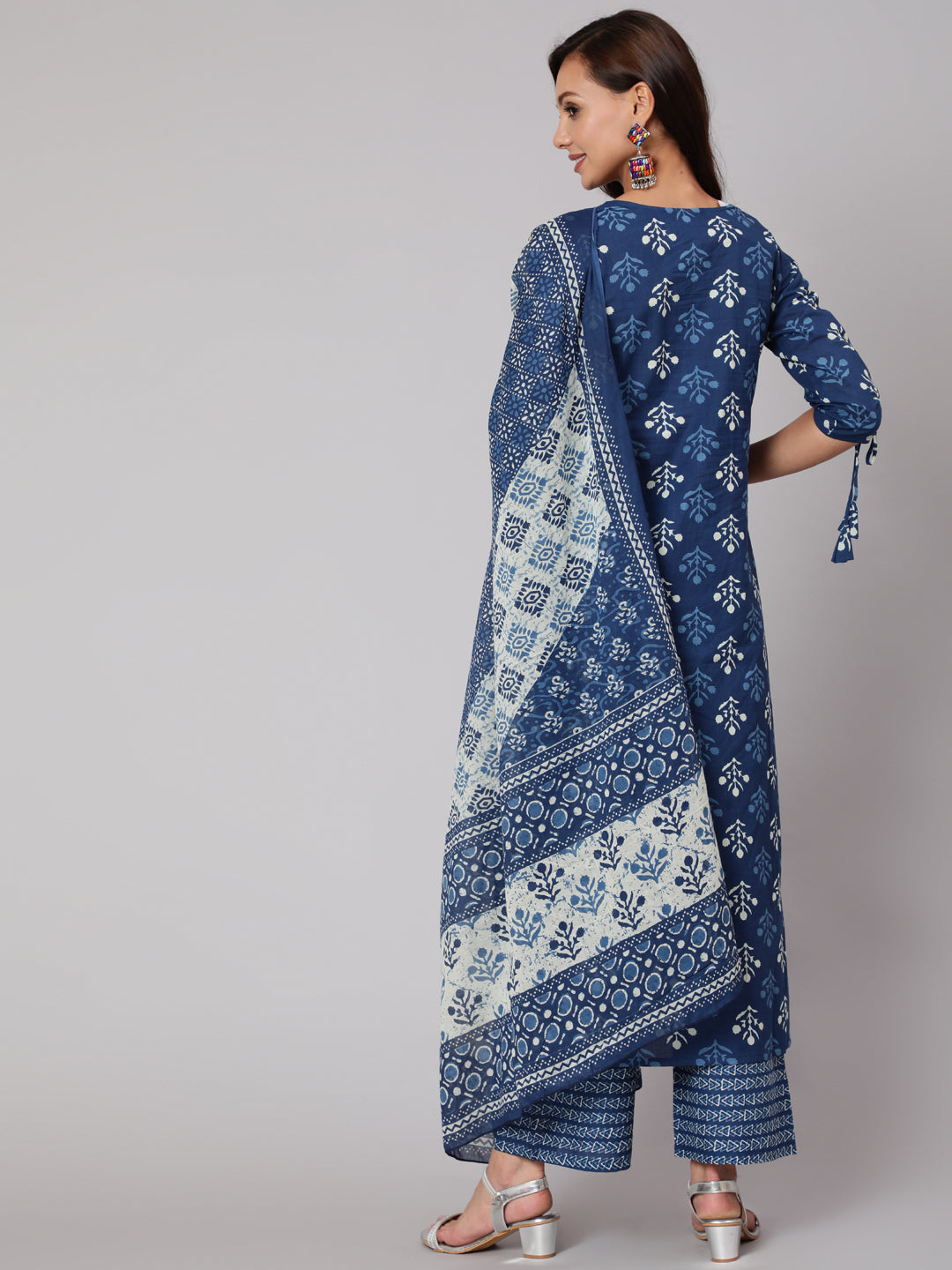 Navy Blue Ethnic Printed Straight Kurta With Palazzo And Dupatta