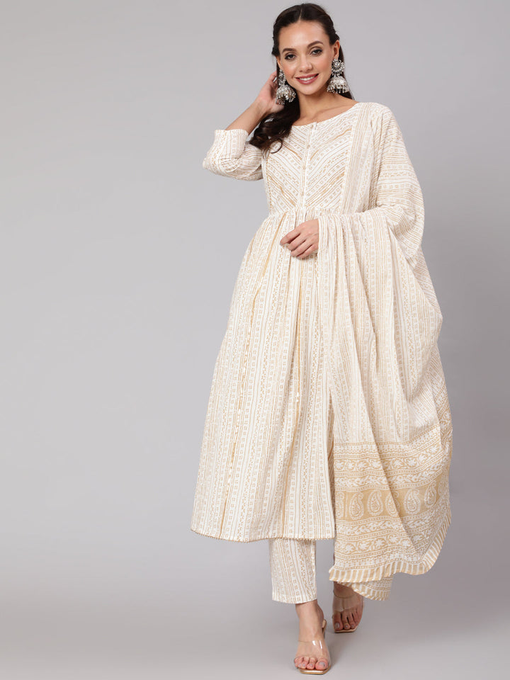 White &amp; Gold Sequence Yoke Kurta With Trouser And Dupatta