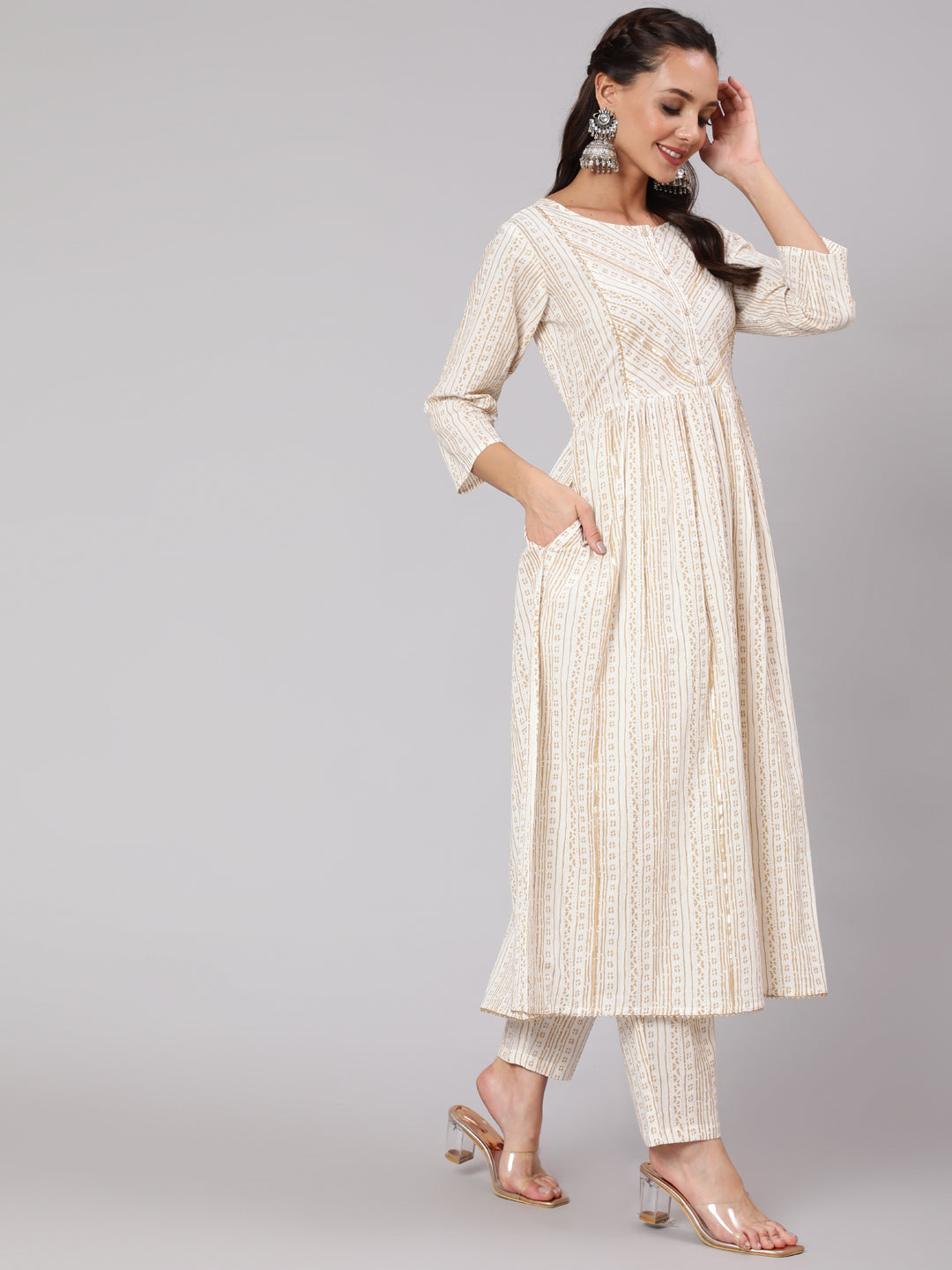 White &amp; Gold Sequence Yoke Kurta With Trouser And Dupatta