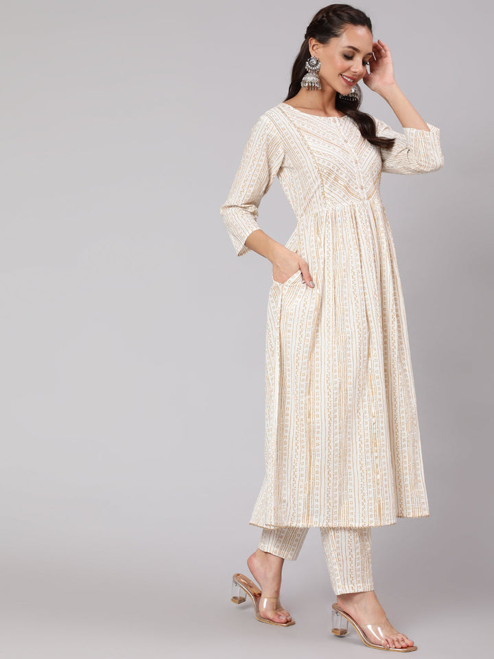 White &amp; Gold Sequence Yoke Kurta With Trouser And Dupatta