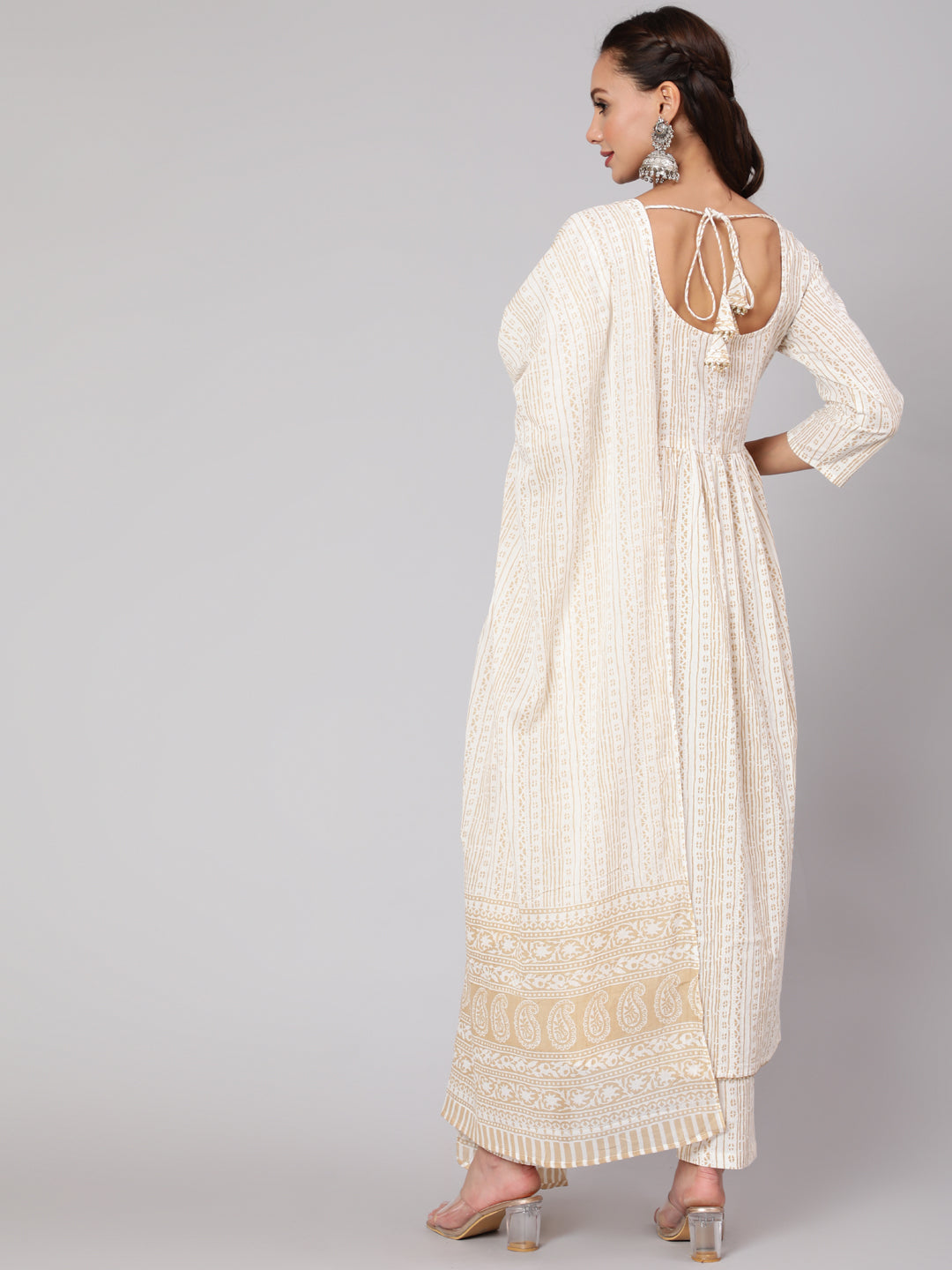 White &amp; Gold Sequence Yoke Kurta With Trouser And Dupatta