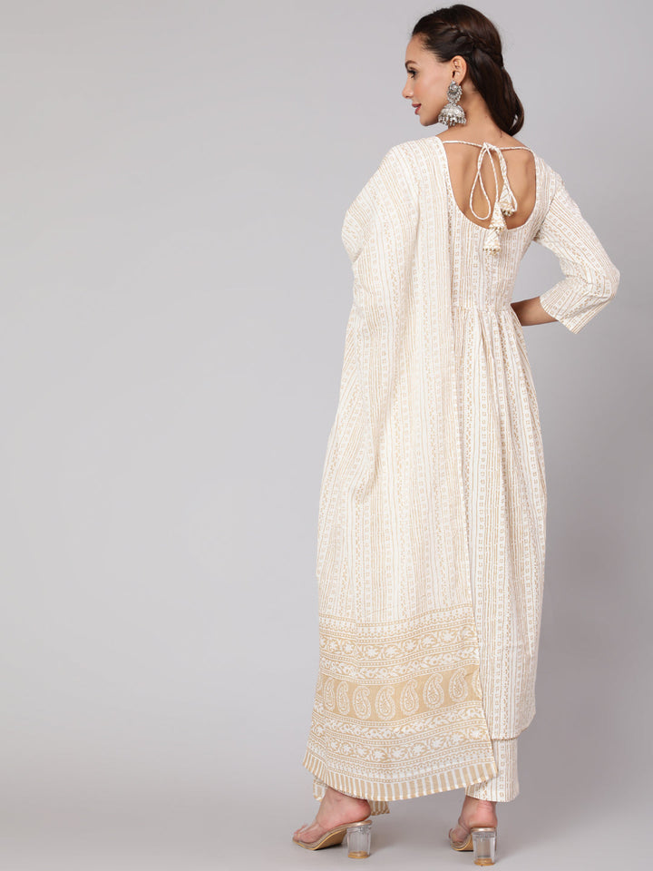 White &amp; Gold Sequence Yoke Kurta With Trouser And Dupatta
