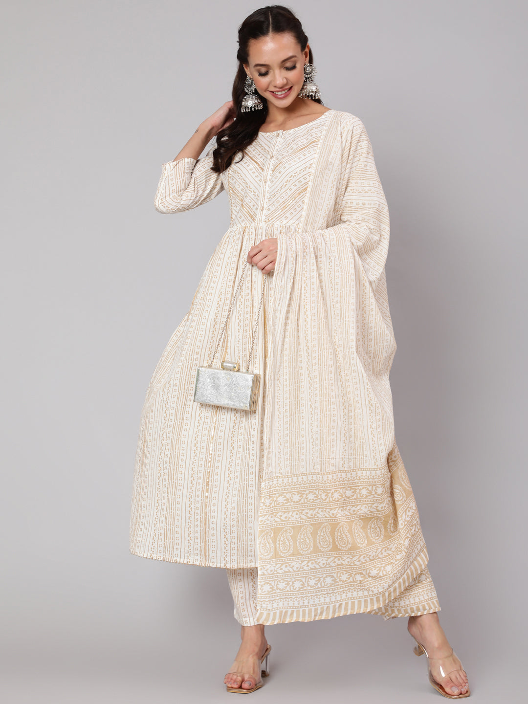 White &amp; Gold Sequence Yoke Kurta With Trouser And Dupatta