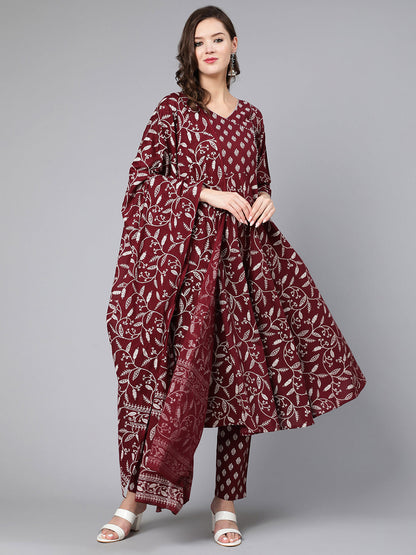 Burgundy Printed Flared Kurta With Trouser And Dupatta