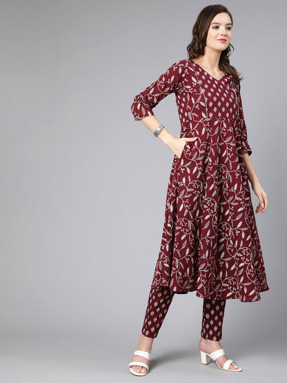 Burgundy Printed Flared Kurta With Trouser And Dupatta