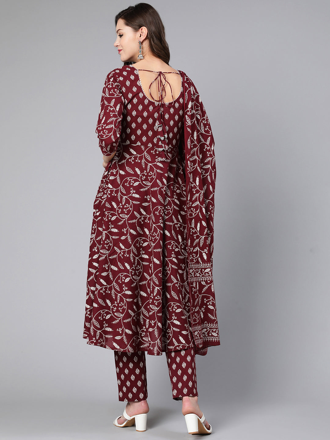 Burgundy Printed Flared Kurta With Trouser And Dupatta