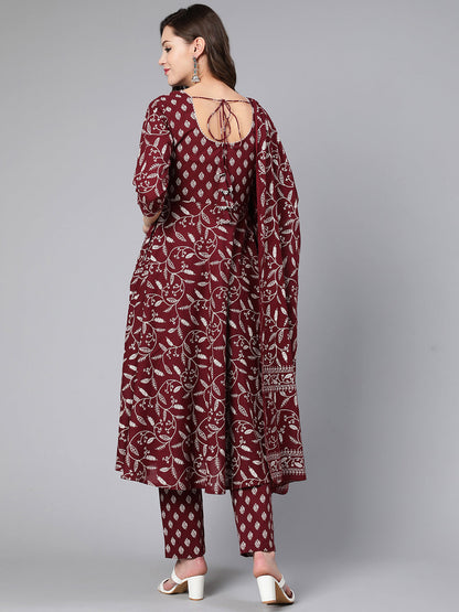 Burgundy Printed Flared Kurta With Trouser And Dupatta