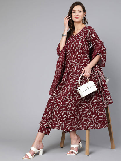 Burgundy Printed Flared Kurta With Trouser And Dupatta
