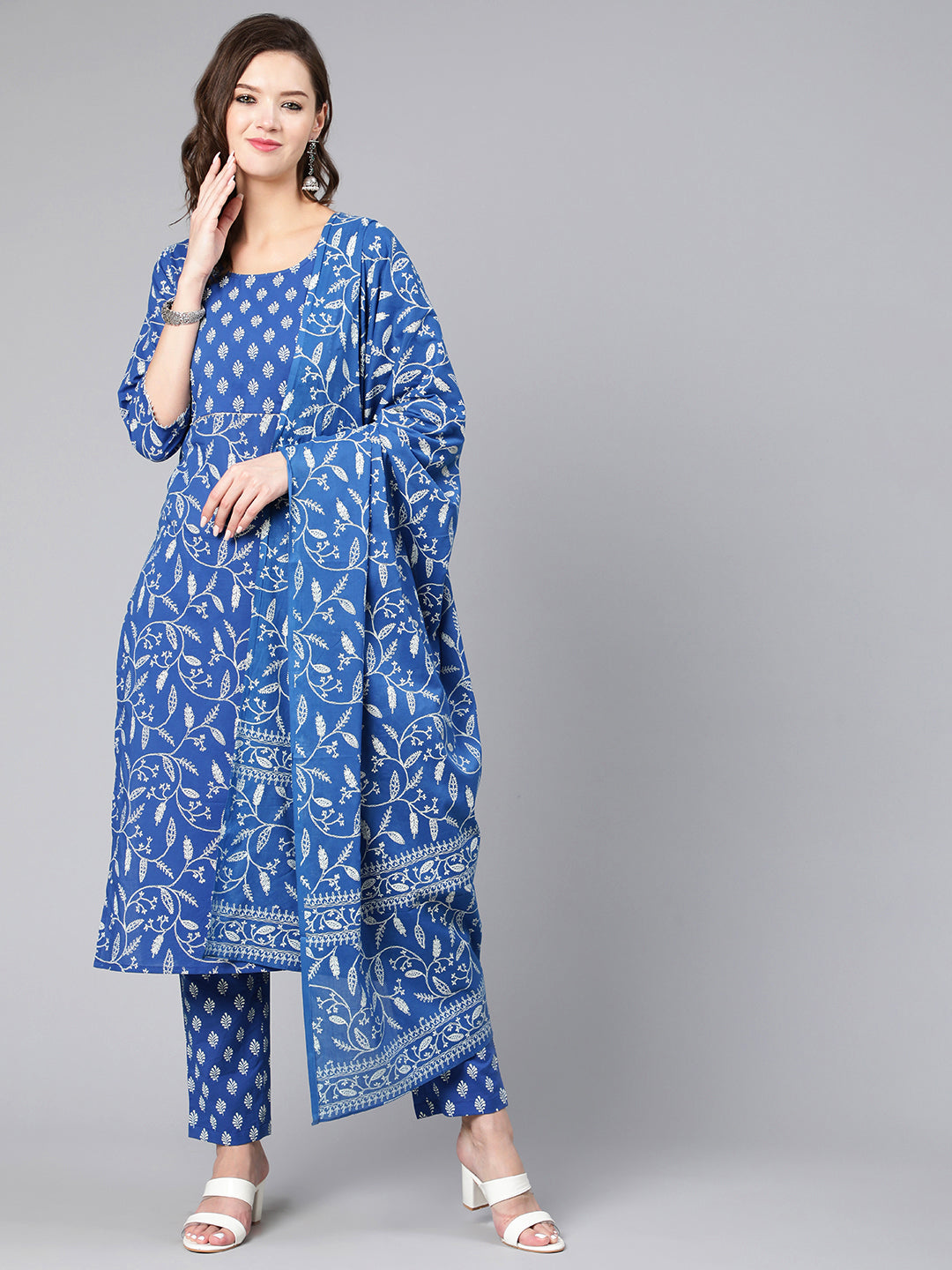 Blue Printed Flared Kurta With Trouser And Dupatta