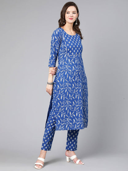 Blue Printed Flared Kurta With Trouser And Dupatta