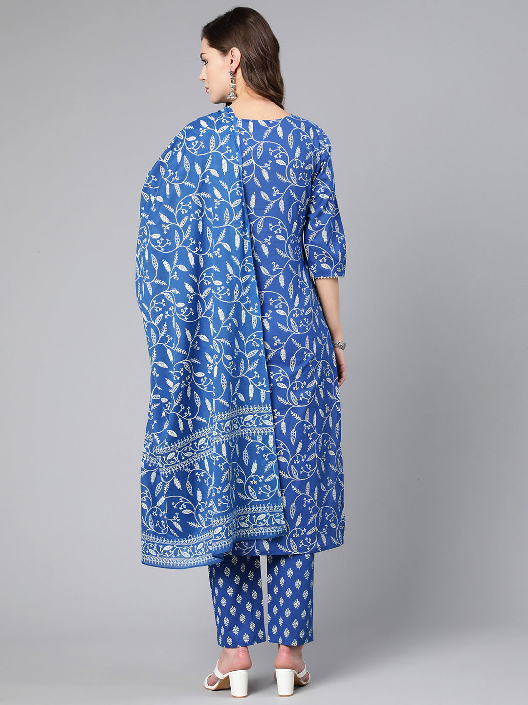 Blue Printed Flared Kurta With Trouser And Dupatta