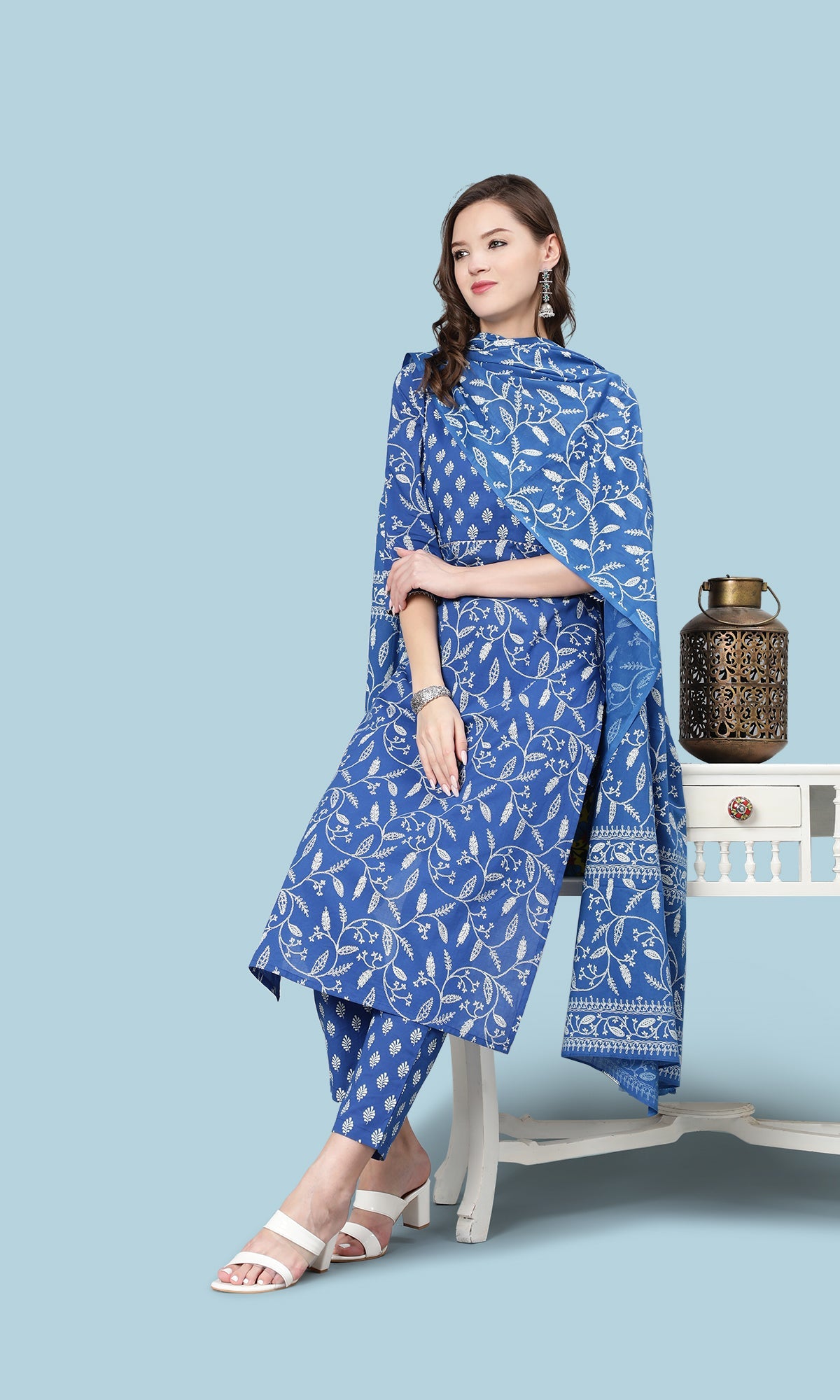Blue Printed Flared Kurta With Trouser And Dupatta