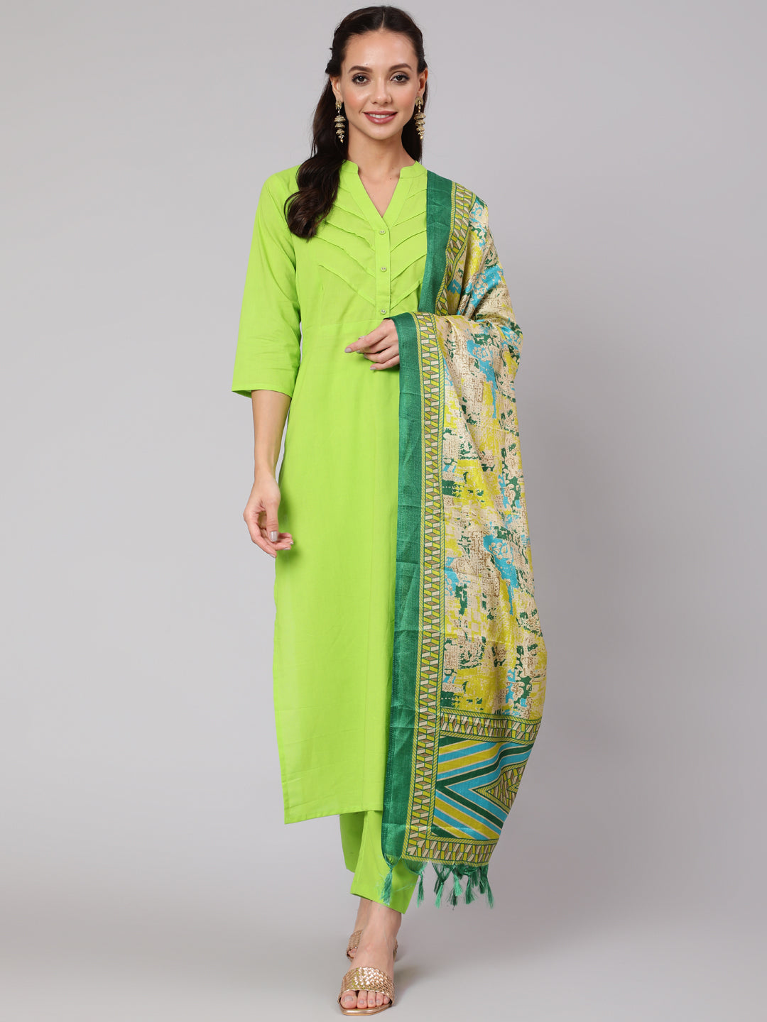 Solid Green Straight Kurta With Palazzo And Dupatta