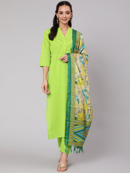 Solid Green Straight Kurta With Palazzo And Dupatta