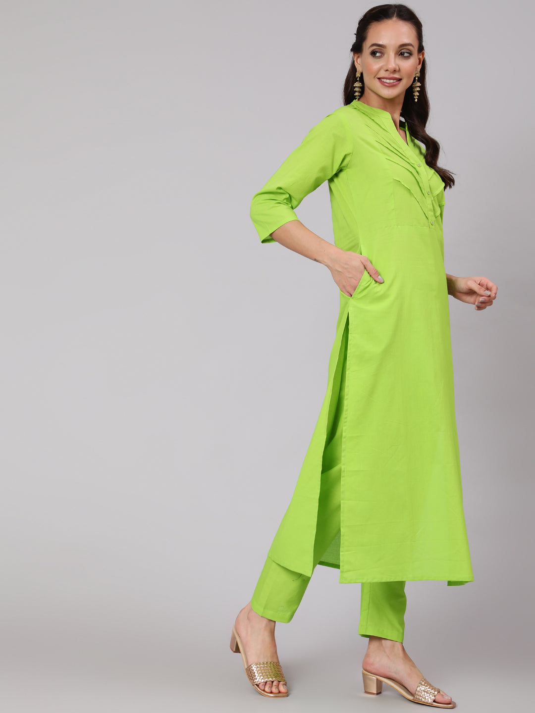 Solid Green Straight Kurta With Palazzo And Dupatta