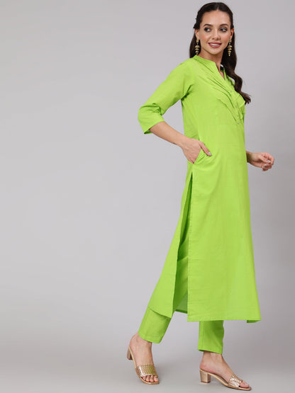 Solid Green Straight Kurta With Palazzo And Dupatta