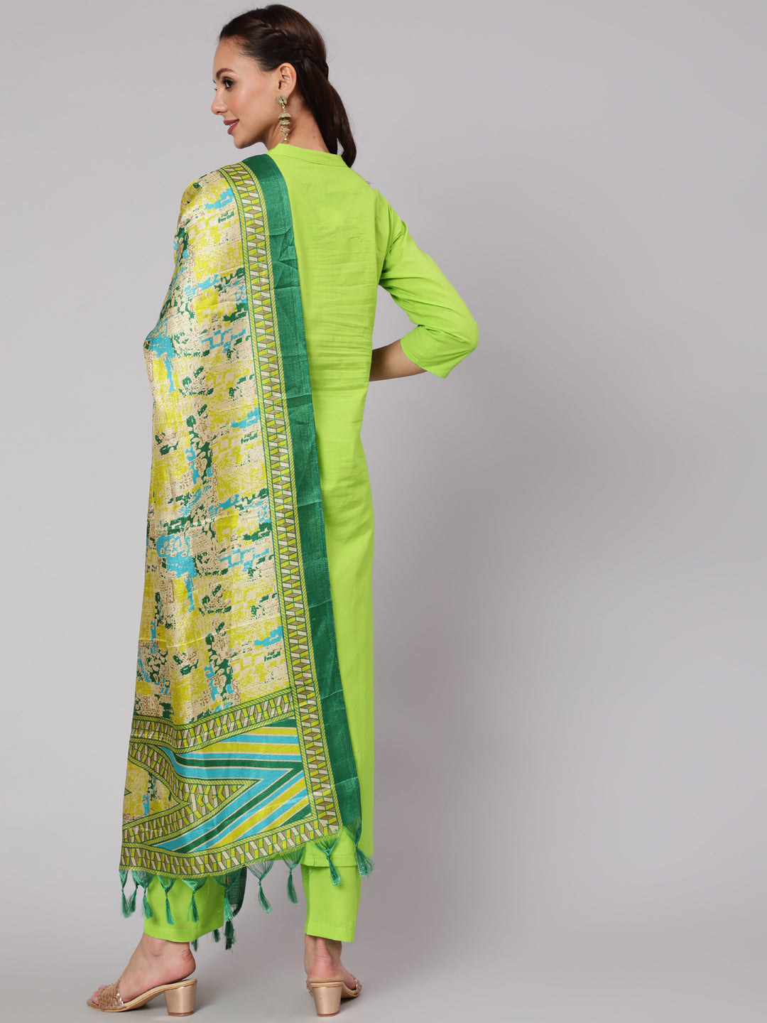Solid Green Straight Kurta With Palazzo And Dupatta