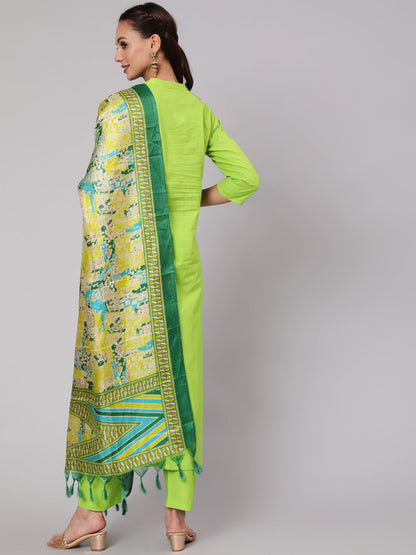 Solid Green Straight Kurta With Palazzo And Dupatta