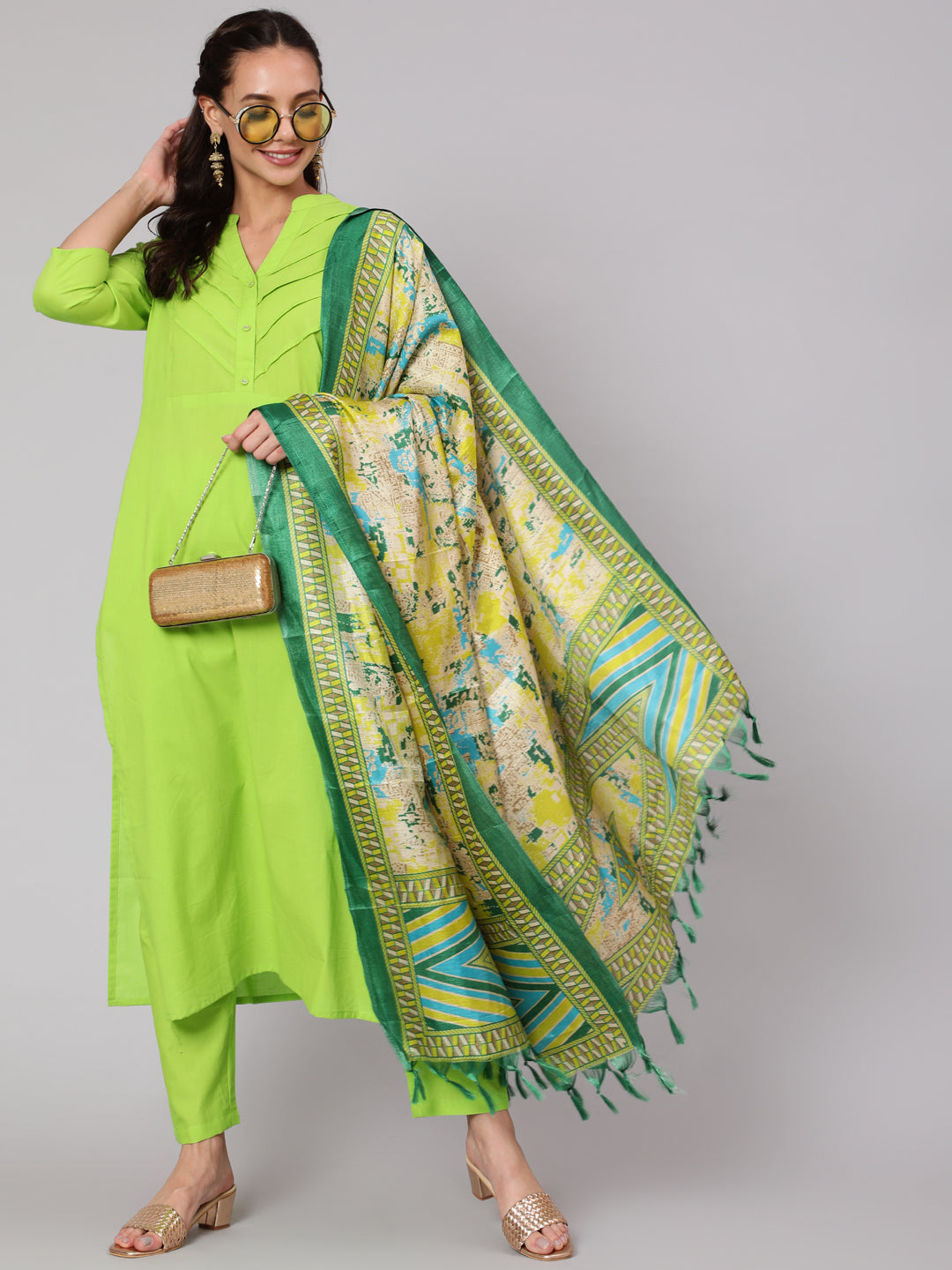 Solid Green Straight Kurta With Palazzo And Dupatta
