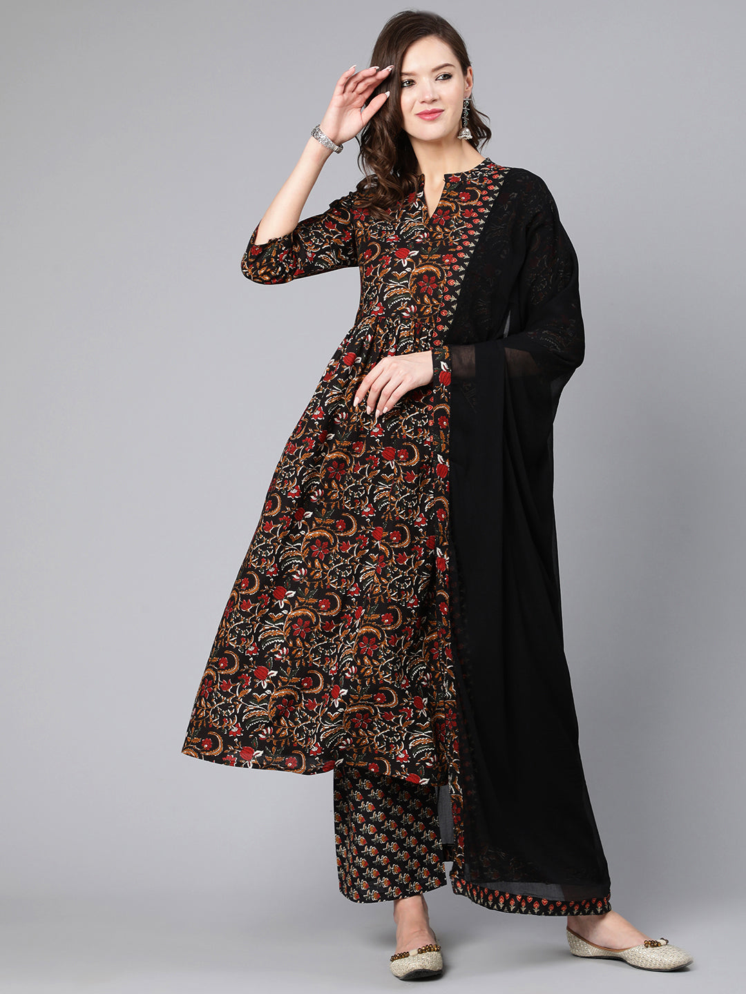 Black Printed Flared Kurta With Trouser And Dupatta