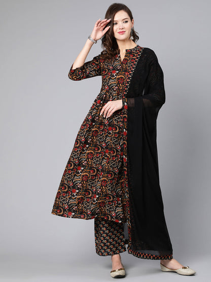 Black Printed Flared Kurta With Trouser And Dupatta