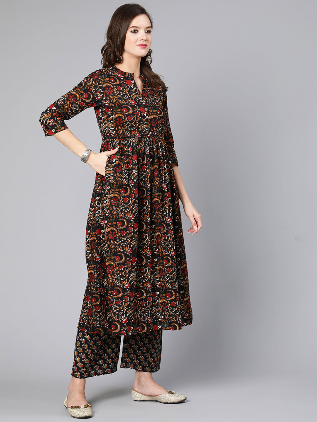 Black Printed Flared Kurta With Trouser And Dupatta