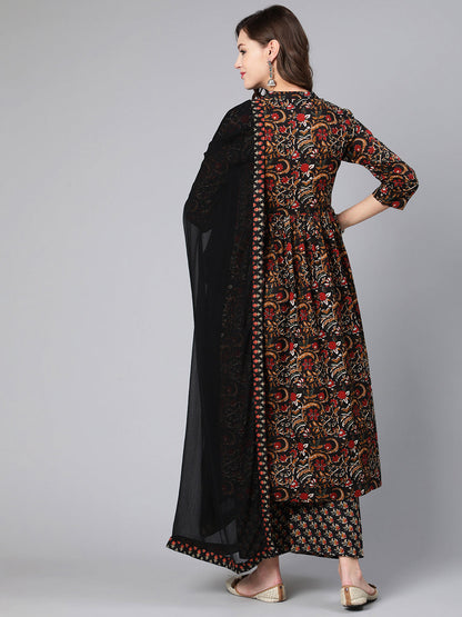 Black Printed Flared Kurta With Trouser And Dupatta