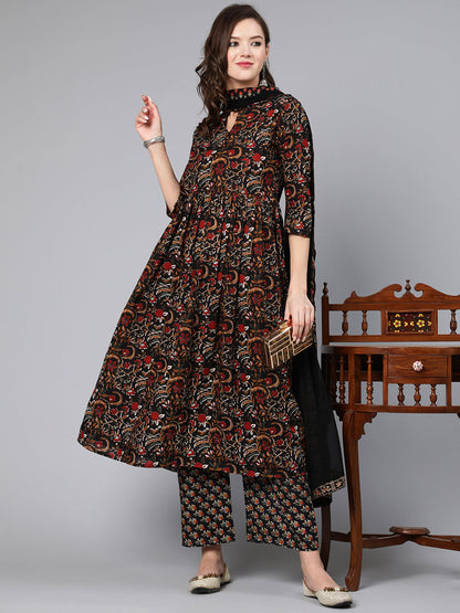 Black Printed Flared Kurta With Trouser And Dupatta