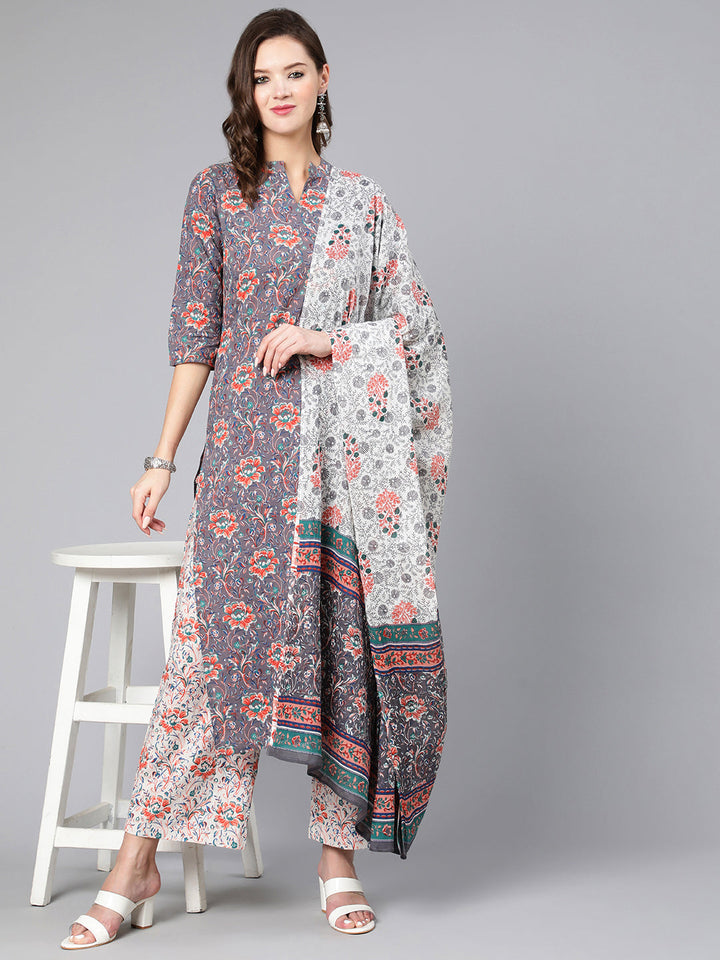 Grey Ethnic Printed Straight Kurta With Palazzo And Dupatta
