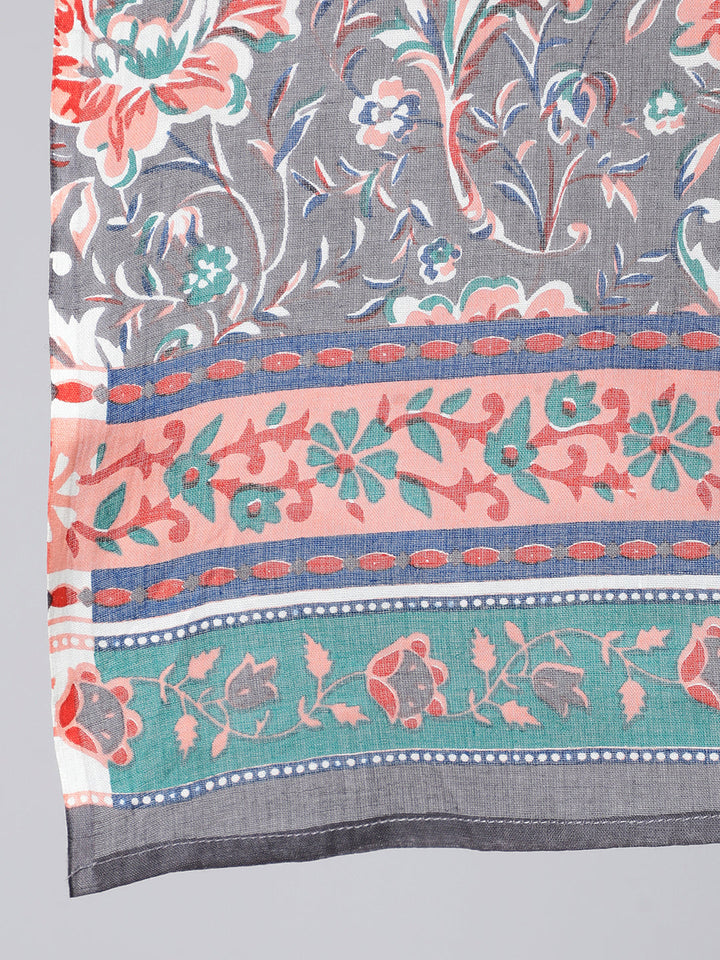 Grey Ethnic Printed Straight Kurta With Palazzo And Dupatta