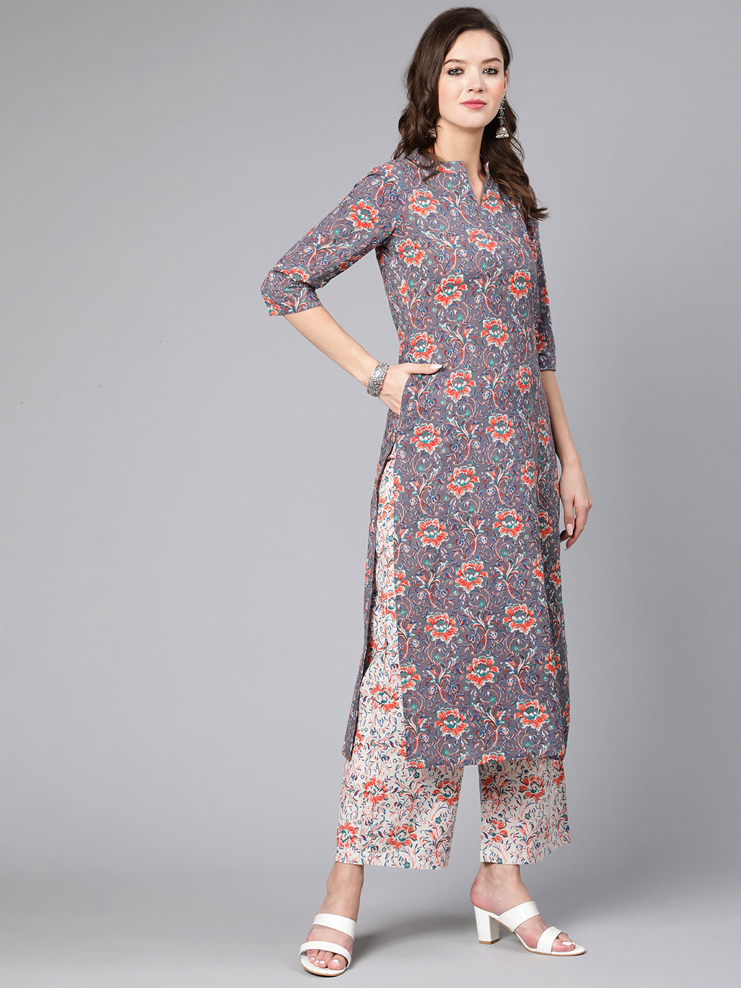 Grey Ethnic Printed Straight Kurta With Palazzo And Dupatta