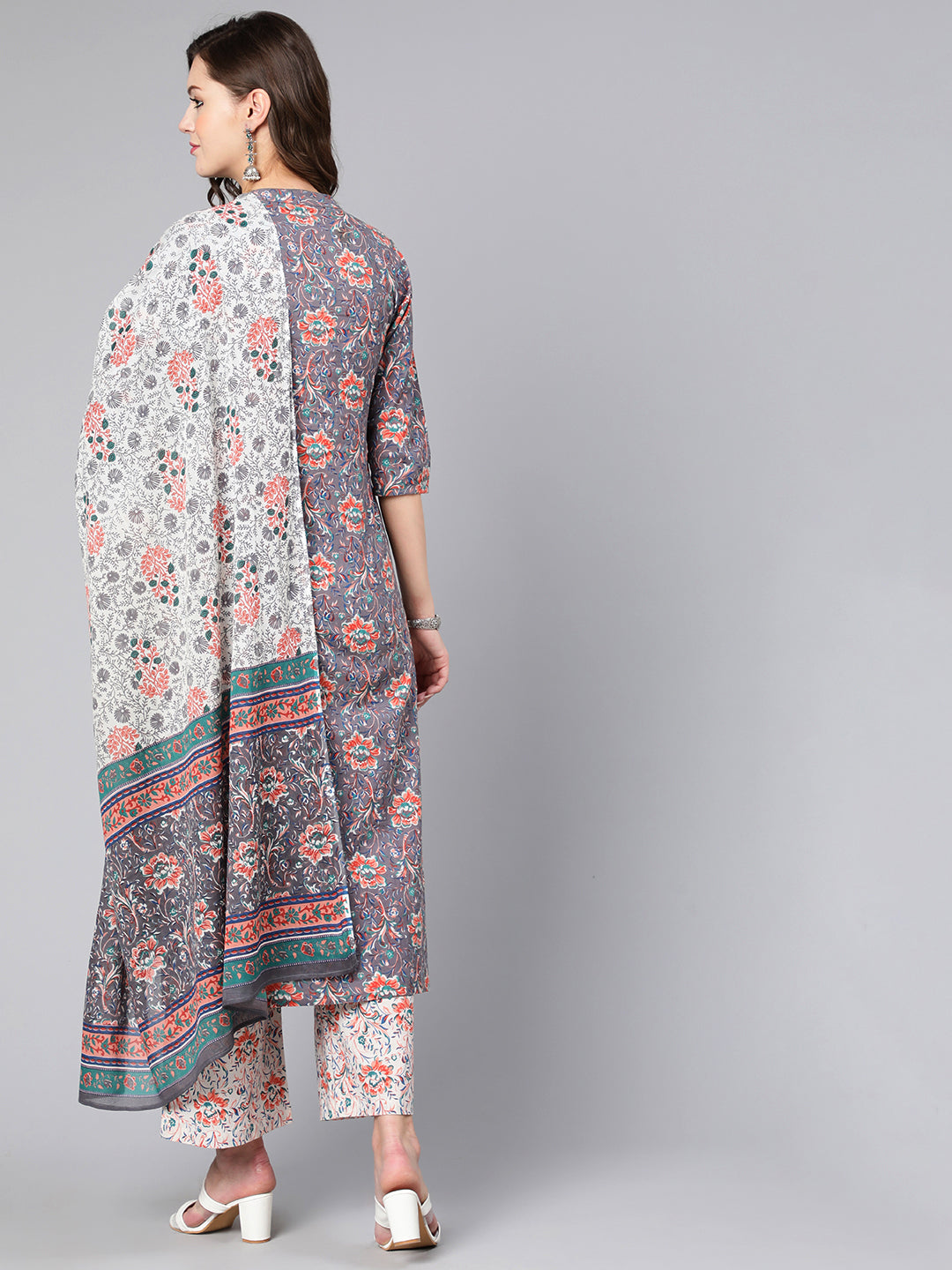 Grey Ethnic Printed Straight Kurta With Palazzo And Dupatta