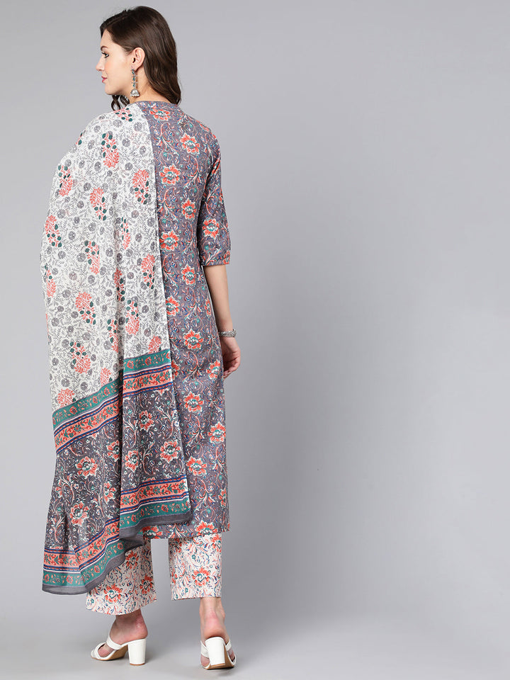 Grey Ethnic Printed Straight Kurta With Palazzo And Dupatta