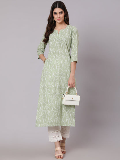 Green Printed Straight Kurta and White Solid Palazzo With Lace Detail