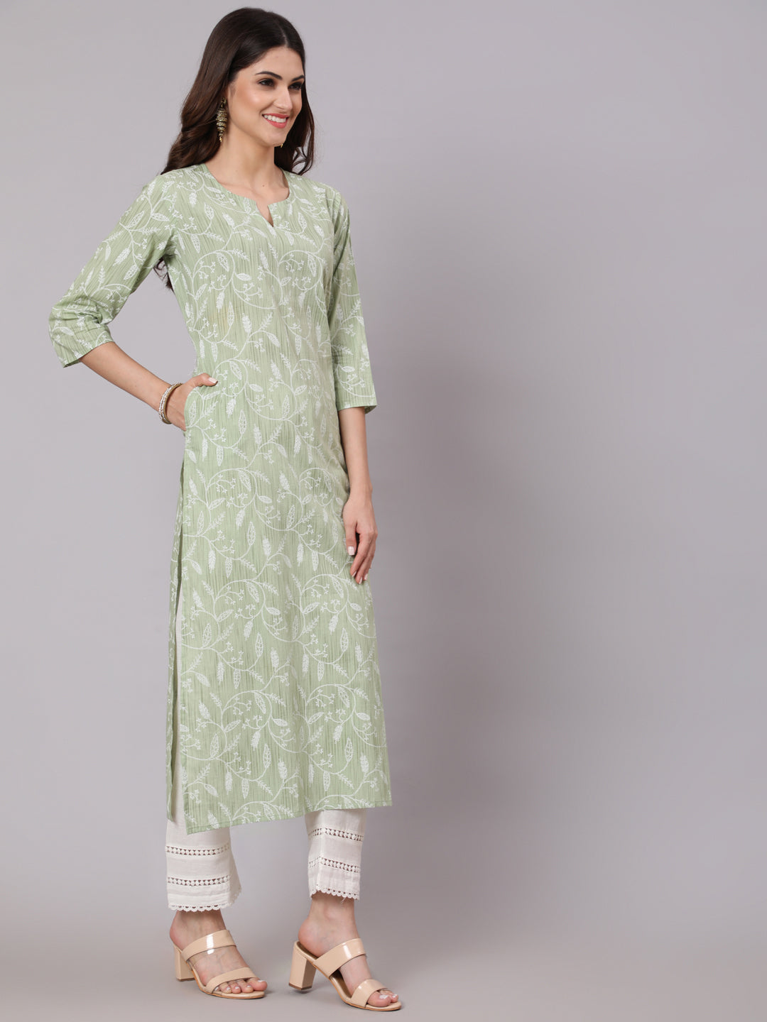 Green Printed Straight Kurta and White Solid Palazzo With Lace Detail