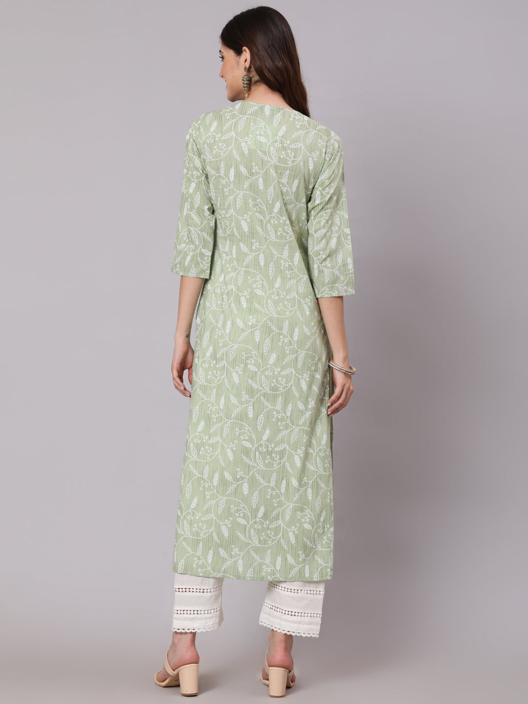 Green Printed Straight Kurta and White Solid Palazzo With Lace Detail