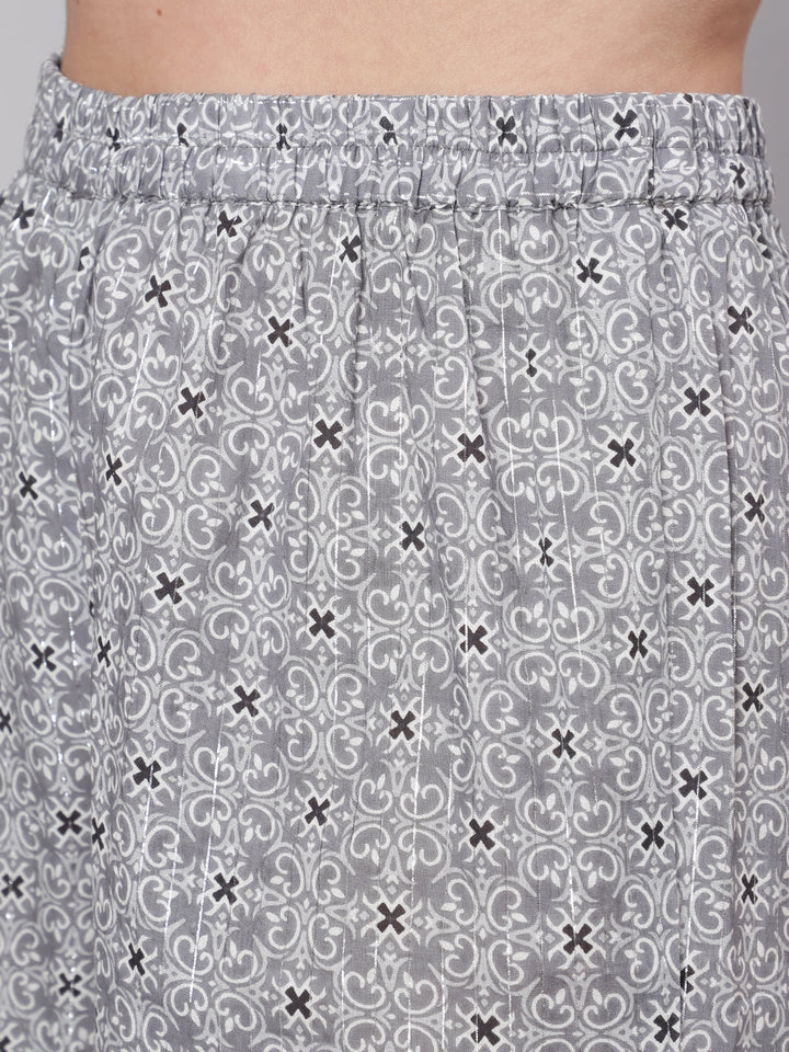 Grey Silver Striped Printed Kurta With Palazzo And Dupatta