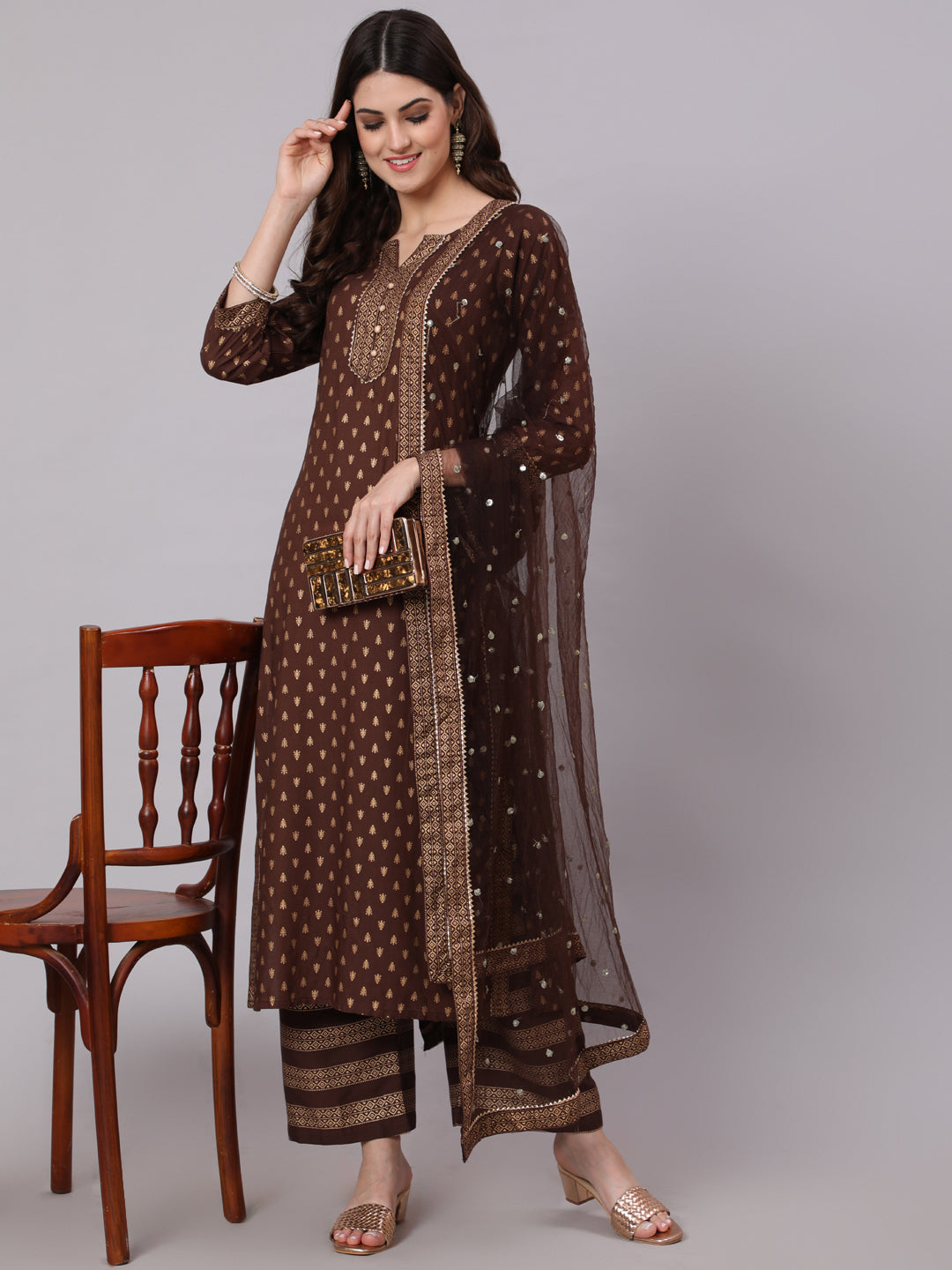 Choklet Brown Ethnic Kurta With Palazzo And Net Dupatta