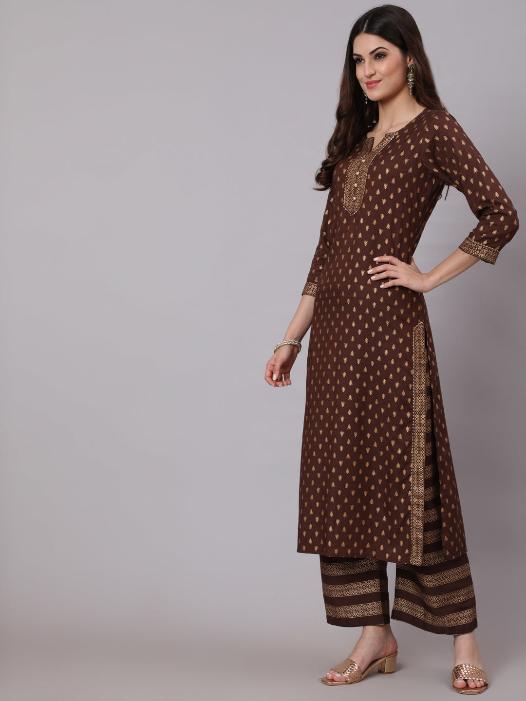 Choklet Brown Ethnic Kurta With Palazzo And Net Dupatta